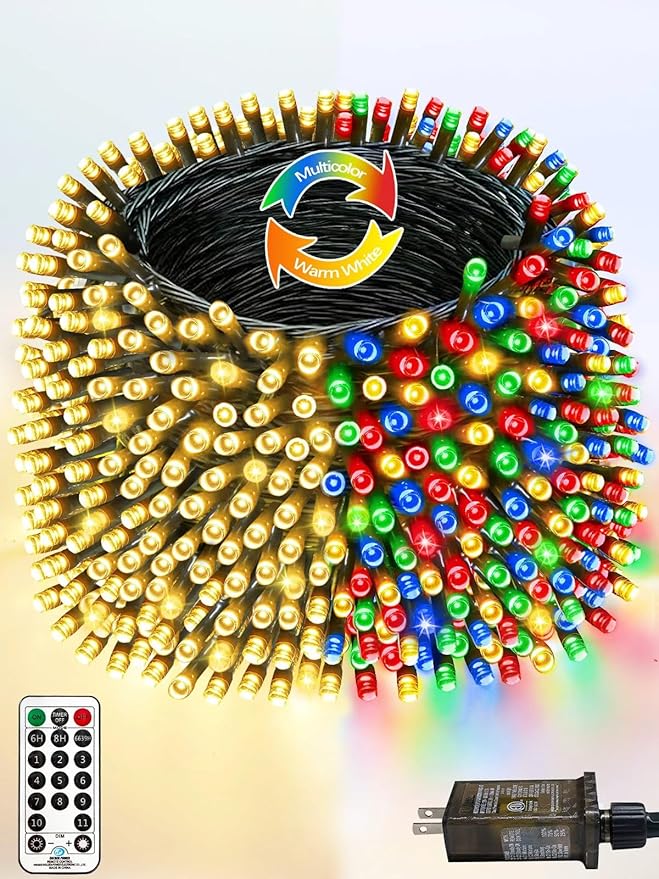500 LED 165 FT Color Changing Christmas Lights with Remote and Timer, Fairy String Lights with 11 Lighting Modes & Memory Function Waterproof for Xmas Tree Holiday Party Decor(Warm White & Multicolor)