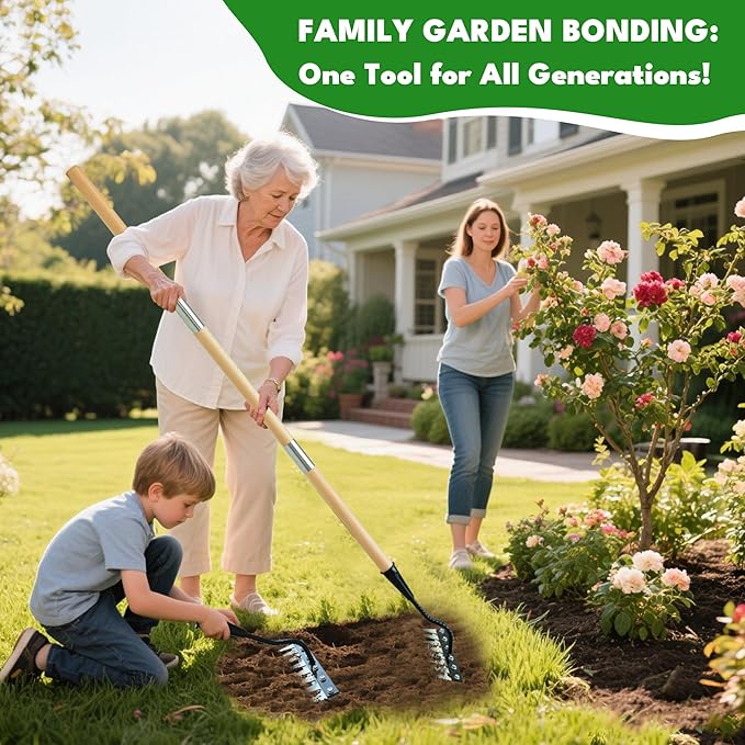 Iron Weeding Rake with Handle 2.0, 2025 Upgraded 8 Teeths Garden Weed Puller Tool Heavy Duty Gardening Tool for Lawn, Flower Beds & Soil Aeration