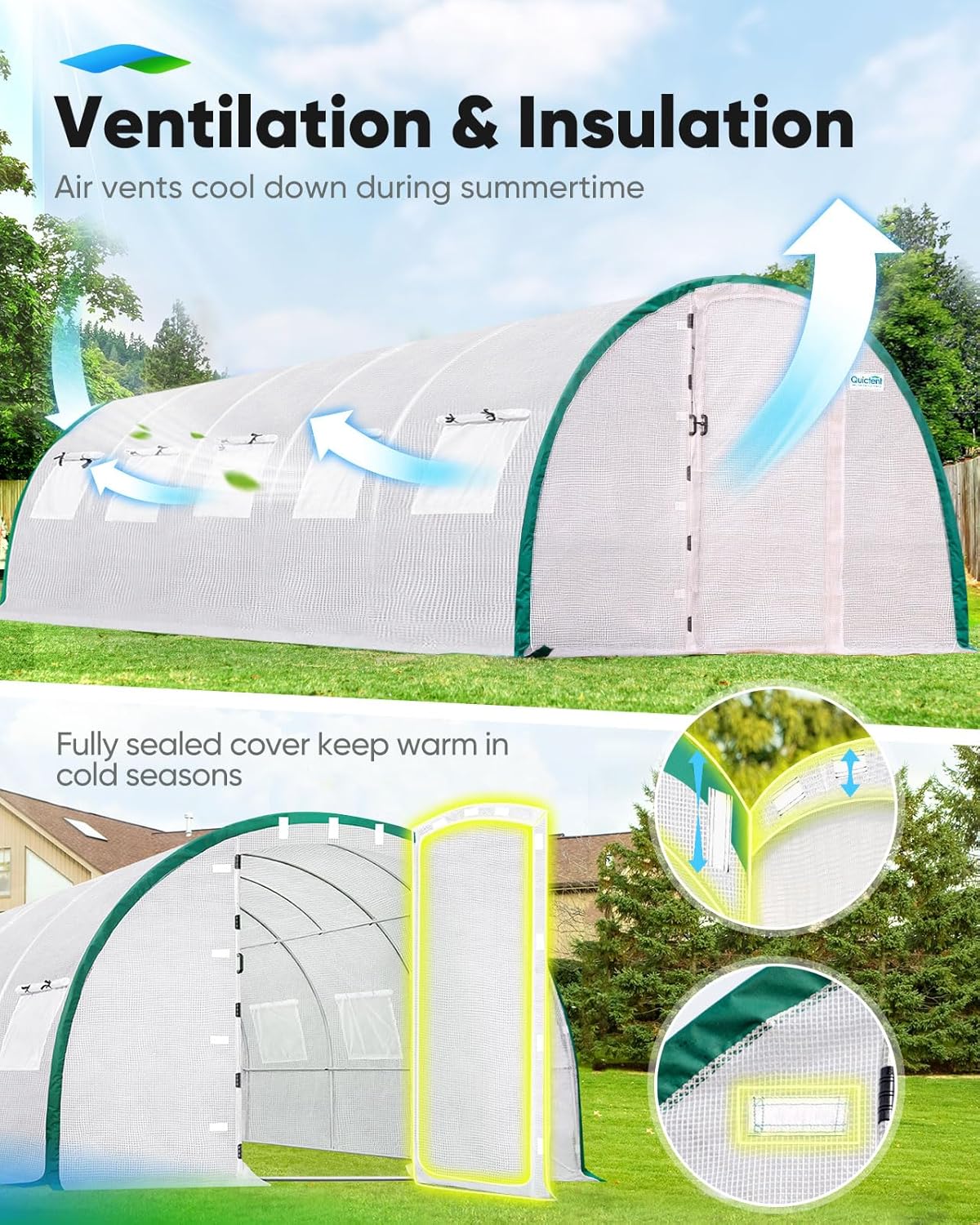 Quictent Premium Greenhouse Swing Door Large Walk-in Green Houses for Outdoors, Upgraded Tunnel Hoop House Frame and Cover for Outside Garden Plant, 2 Swing Door 10 Screen Window, 25x10x6.6 FT, White