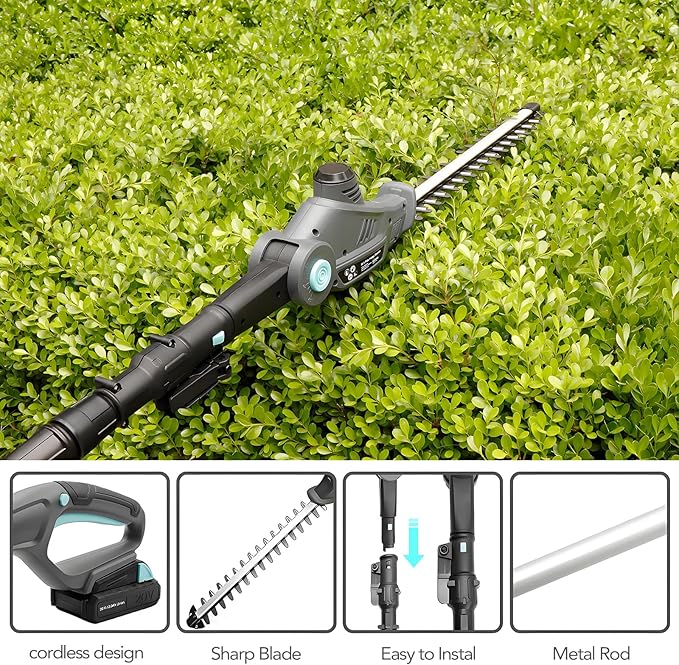 20V Cordless Telescopic Pole Hedge Trimmer Long Reach Extendable Hedge Cutter - 1x 2.0AH Battery, Shoulder Strap, Fast Charger - for Hedges, Branches