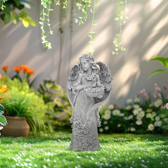 Hanna Roberts Outdoor Statues Angel Décor Garden Statue- 23.5" H Angel Statue,Resin Angel with Bird Figurine, Ideal for Yard, Patio, Deck, Home Entryway, and Hallway(Grey)
