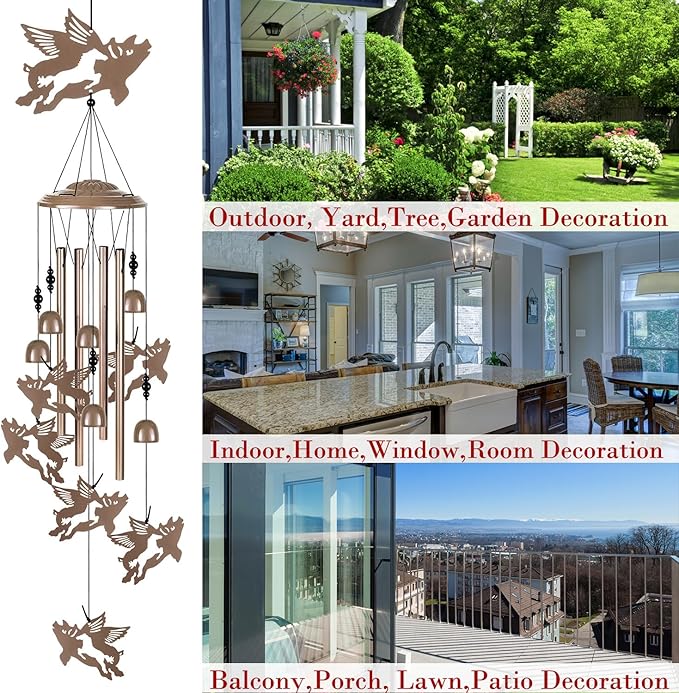 Outdoor Flying Pigs Wind Chimes Decor, Portable Mobile Wind Catcher, Sympathy Wind Bells, Memorial Gifts for Mom, Housewarming, Blessing WindChimes(Outside/Indoor/Home/Porch/Yard/Garden Decorate)