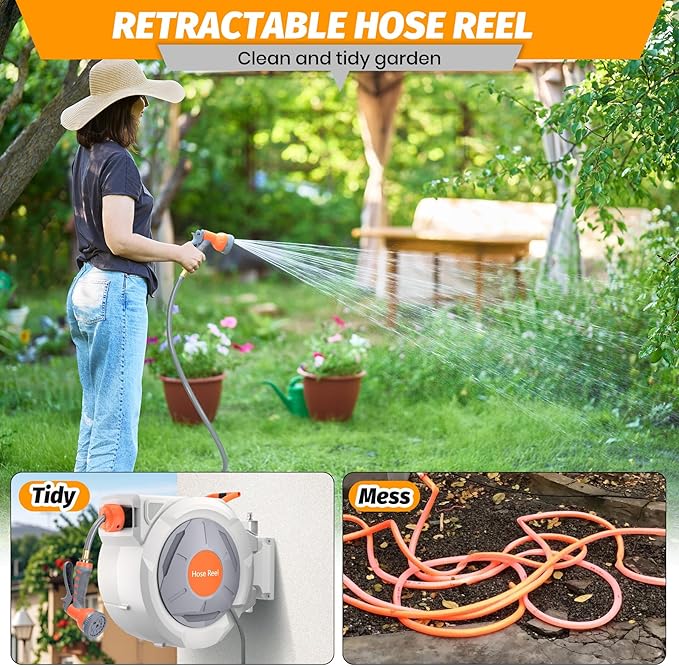 GarveeLife Retractable Garden Hose Reel 5/8 in x 65 Ft, Wall Mounted Garden Hose Reel, with 9 Function Sprayer Nozzle, Any Length Lock, Lock/Automatic Slow Return System, 180° Swivel Bracket(Grey)