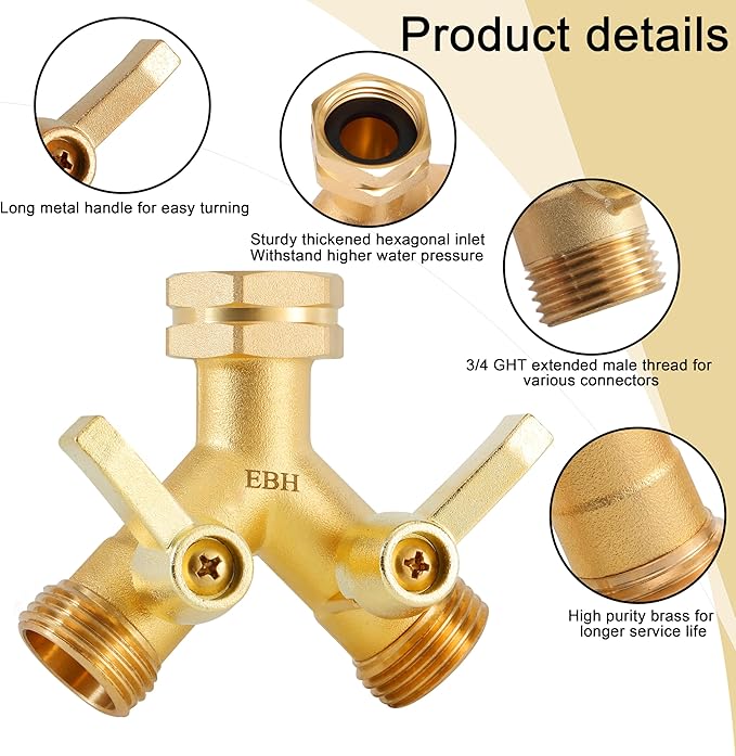 EBH Garden Hose Splitter, 2 Way Heavy Duty Hose Splitter with Shutoff Valves, Outdoor Faucet Y Spigot Adapter, 3/4" GHT Thread And Extra Long Metal Handle.