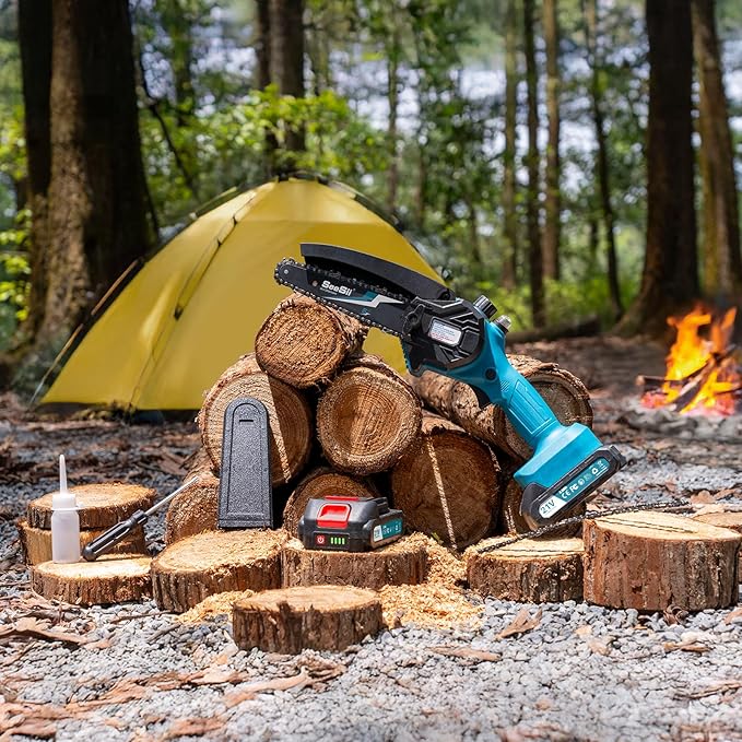 SEESII Mini Chainsaw 6 inch,Cordless Chainsaw w/ 2x2000mAh Batteries,Oiler System & Replacement Chain,Handheld Electric Chain Saw w/Safety Lock,Battery Powered Chainsaw for Wood Tree Cutting, CH600+