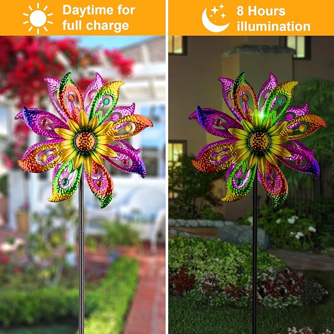 Solar Wind Spinners Outdoor with Lights Sunflower Garden Outdoor Decor Yard Lawn Art Decor for Patio Kinetic Windmills Unique Gifts for Friends and Family 60.63'' H x 13.38'' Dia 360° Rotation