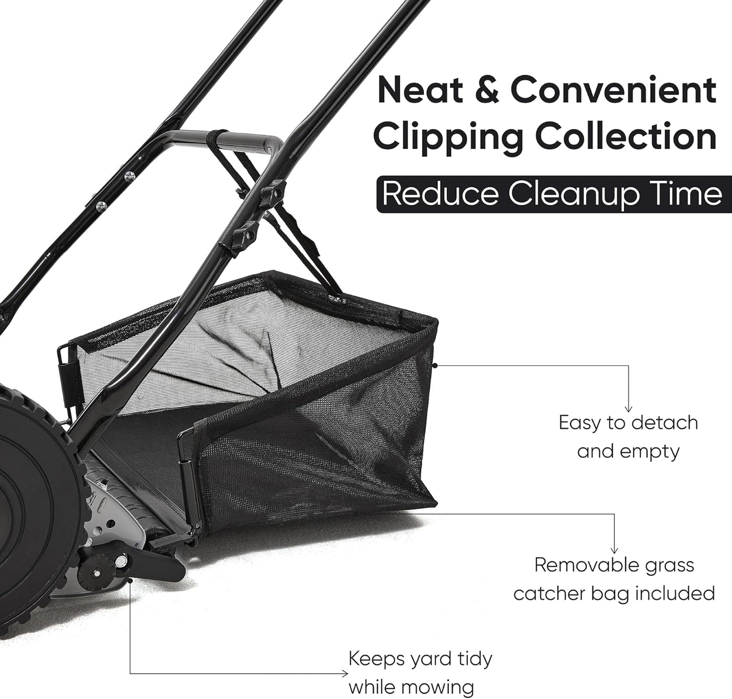 16" Push Reel Lawn Mower with Grass Catcher – Manual 5-Blade Hand Mower, Adjustable 3-Position Cutting Height (0.5"–1.75"), Lightweight & Eco-Friendly – 1-Year Warranty