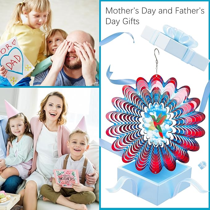 Hummingbird Animated Wind Spinner - 12In 3D Kinetic Hanging Sculpture, Creates Flying Hummingbird Animation Effect | Outdoor Garden Yard Decor, Unique Gift for Mom/Dad/Women/Men & Christmas