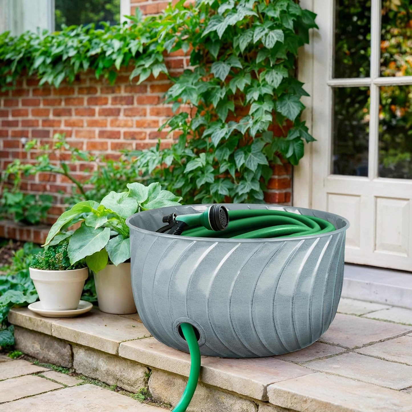 Monarch Abode Decorative Garden Hose Holder with Lid, Patina Storage for Outdoor Use, 100 ft Water Hose Pot for Outside, Wave Embossed Metal Pot with Drainage, Garden Storage Organizer