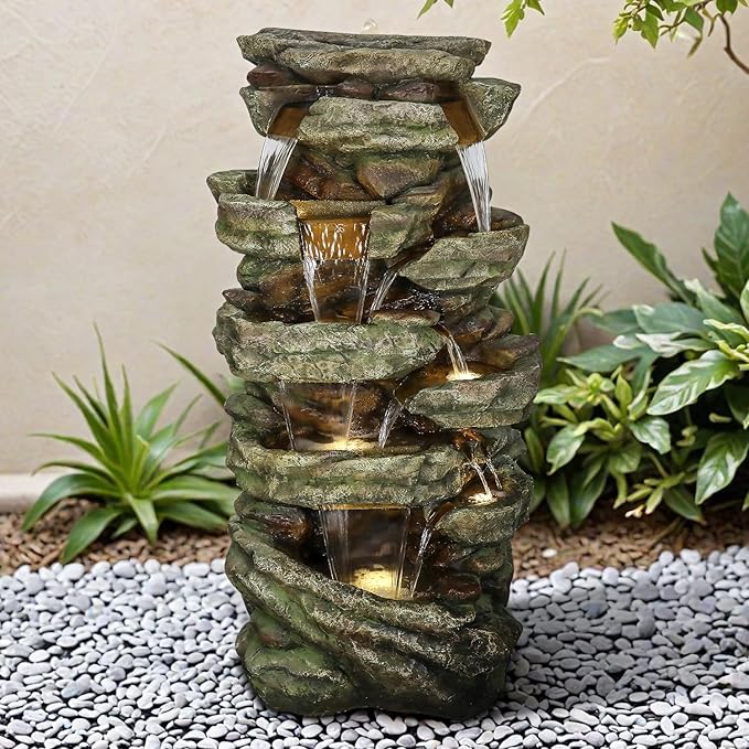 SunJet 59" High Multi-Tiers Cascading Rock Outdoor Water Fountain with LED Lights - Large Outdoor Fountains and Waterfalls for Garden or Patio, Yard, and Deck Decor, Featuring Natural Stone Look
