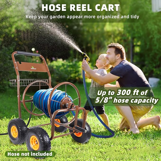 2025 Upgrade Hose Reel Cart, Garden Hose Cart with 4 Wheels, Heavy Duty Freestanding Water Hose Reels for Outside, Hold Up to 300 ft of 5/8'' for Garden Lawn Yard Outdoor