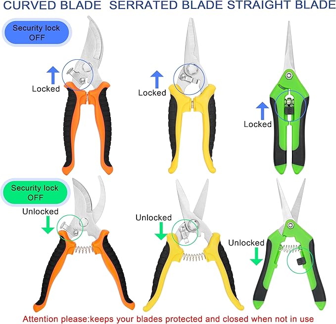 3-pack Garden Pruning Shears Set with Stainless Steel Blades, Bypass Pruners, Handheld Secateurs, Tree Trimmers, with Garden Scissors Whetstone,a Clean Brush and a hard Case