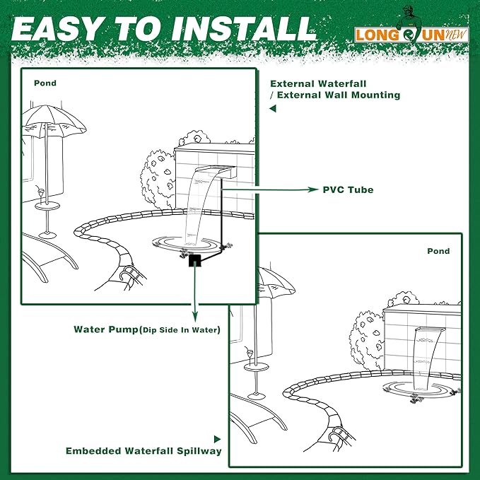Waterfall Pool Fountain LONGRUNNEW 304 Stainless Steel 35.4" Rectangular Waterfall Spillway, Water Fall Fountain with Pipe Connector for Garden Outdoor, Swimming Pools, Fountains, Pond and Spa