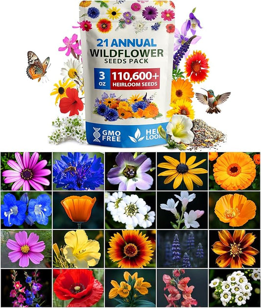 HOME GROWN Wildflower Seeds Mix - 110,600+ Seeds 3 oz, 21 Varieties, Non-GMO Wild Flower Seeds for Planting, Annual Flowers, Butterfly Garden, Pollinator Seed Mix