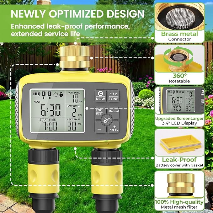 Programmable 2-Zone Smart Sprinkler Timer - Outdoor Automatic Irrigation Water Timer with Rain Delay & Waterproof Brass Swivel for Lawn, Garden, Pool (Yellow)