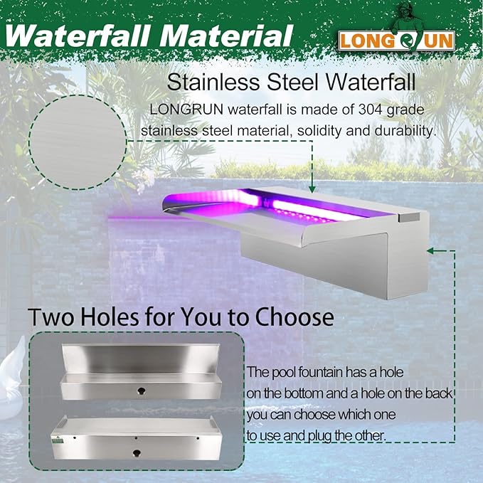 LONGRUN Stainless Steel Waterfall Spillway, APP Control Multi-Color LED Light Outdoor Pool Fountain, Water Spillway Koi Pond Waterfalls Fountains Kit for Garden Patio Swimming Pool Decoration-11.8"