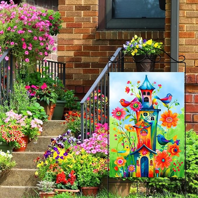Whimsical Bird House Flags 28x40 Double Sided Welcome Large Garden Flag Holiday Yard Outdoor Decoration