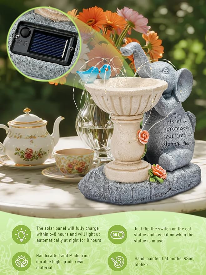 Solar Garden Outdoor Statues Decor, Elephant with Birdbath Garden Decor for Home House, Yard Art Lawn, Ornaments, Porch Patio, Balcony - Birthday Gifts for Grandma Mom Women