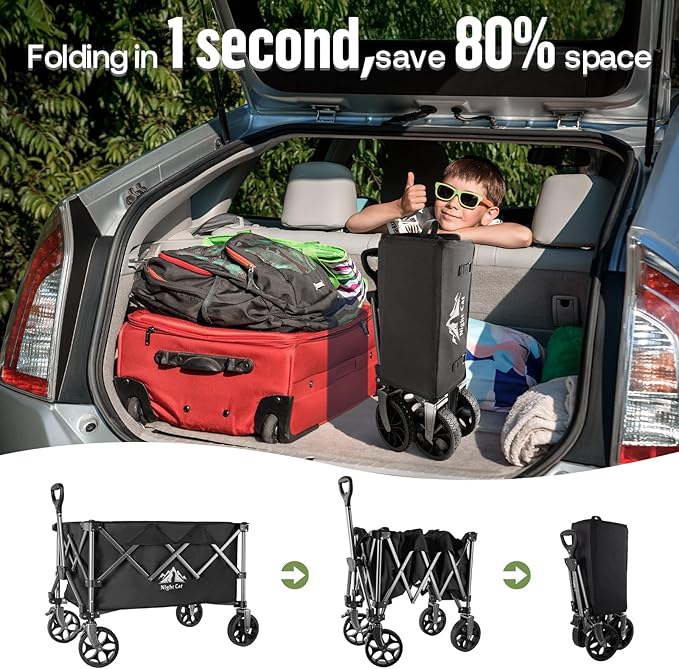 Night Cat Collapsible Wagon for Camping: 150L Garden Gart with Wheels Heavy Duty - Folding Utility Wagon for Outdoor
