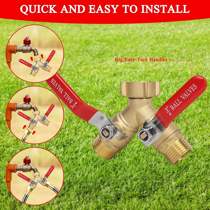 Hose Splitter 2 Way Brass Garden Hose Splitter with Stainless Steel Long Handle Y Valve Water Hose Adapter 3/4" GHT Thread