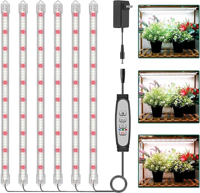 6-Bar Grow Light Strips for Indoor Plants, 16" Full Spectrum Plant Lights, 6500K Sunlike Grow Lights with 6/12/18H Timer, 5-Level Dimmable for Indoor Growing