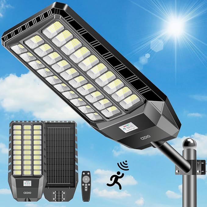 CEDIO Outdoor Solar Street Lights, Solar Lights IP66 Waterproof LED Street Light Dusk to Dawn, Flood Light with Motion Sensor for Yard (8500W-1PACK)