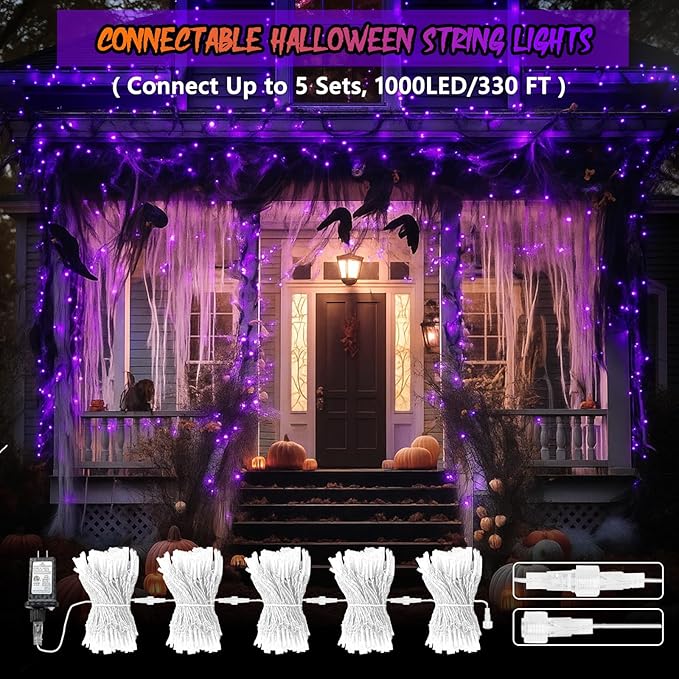 Upgraded Connectable 200 LED Halloween String Lights Outdoor Indoor, 66FT Purple Halloween Decorations Lights 13 Modes, Waterproof Twinkle Fairy Lights Plug in Clear Wire for Tree, Bedroom Decoration