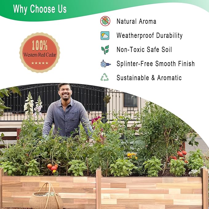 Western Red Cedar Raised Garden Bed (8ft L x 2ft W x 9in H), Wood Planter Box with Multiple Acessories for Growing Herbs, Vegetables, Flowers