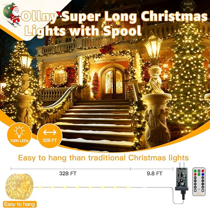 Ollny Outdoor Christmas Lights 1000LED 328FT, Warm White Fairy Lights IP67 Waterproof, Plug in String Light with Remote 8 Modes Timer, Xmas Light for Outside Indoor House Tree Decorations