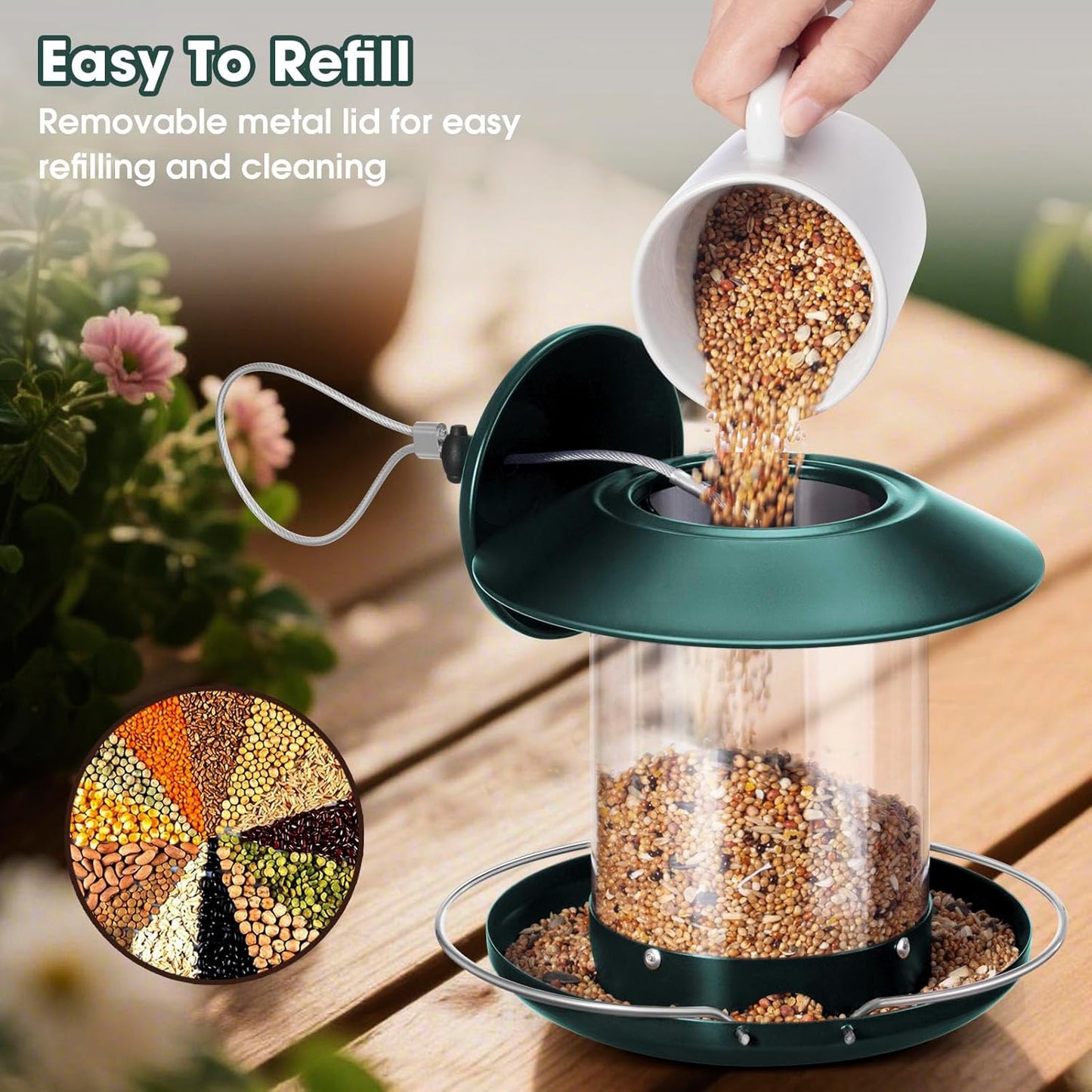 Metal Roof Bird Feeder, Hanging Bird Feeders for Outdoors with 2LB Clear Tube Seed Capacity for Viewing Cardinal Finch, 360° Feeding Wild BirdFeeders for Outside Garden Yard Decoration
