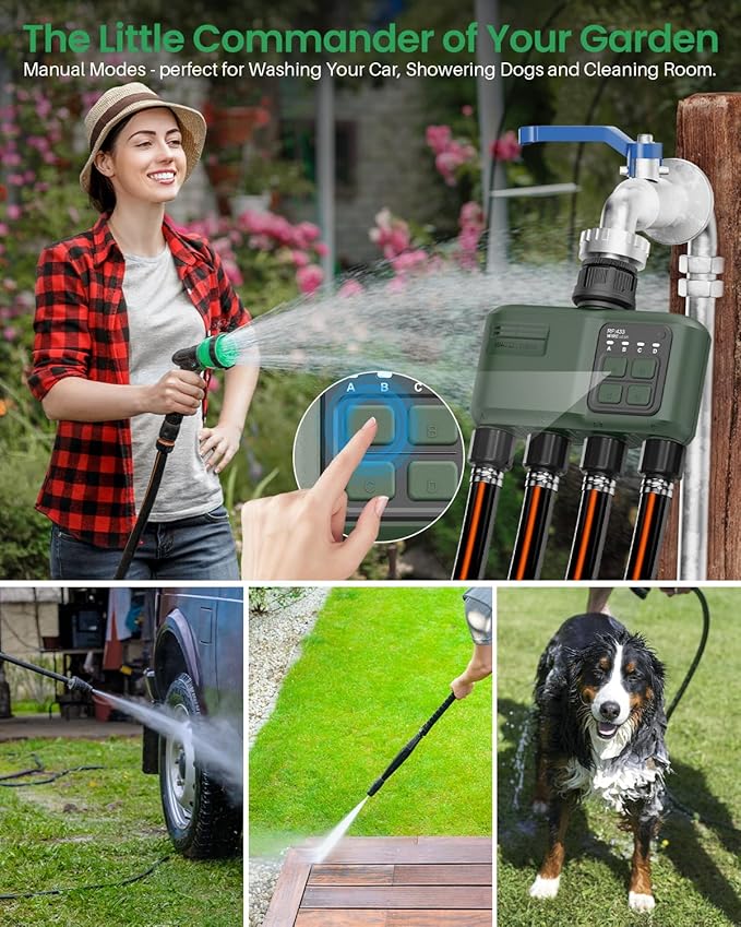 WiFi Water Timer 4 Zone for Garden Hose, Smart Sprinkler Timer with 984ft RF Range, Smart Lawn Watering System Irrigation Controller, APP/Voice Control, Rain Delay, Automatic/Manual Irrigation