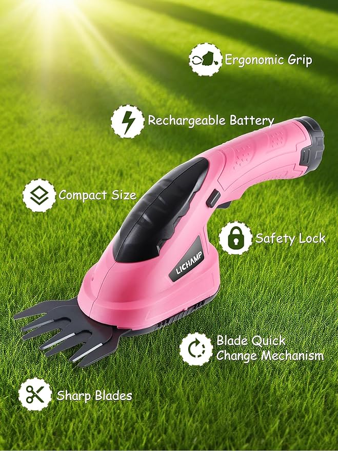 Lichamp 2-in-1 Electric Hand Held Grass Shear Pink Hedge Trimmer Shrubbery Clipper Cordless Battery Powered Rechargeable for Garden and Lawn, CGS3601PK Pink