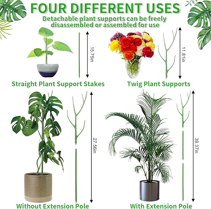 6 Pack 39.37" Detachable Twig Plant Support Stakes Set, Blends in to Plant, Branch Plant Sticks with Orchid Clips Twist Plant Ties, Twig Trellis for Indoor Outdoor Plants Potted Plants Flower