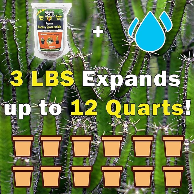 WONDER SOIL | Organic Cactus & Succulent Soil (12 Quarts). Fast Draining Ready to Plant Coco Coir Loaded w/Nutrients | 3 LBS Expands to 12 Quarts | Incl Worm Castings & Nutrients