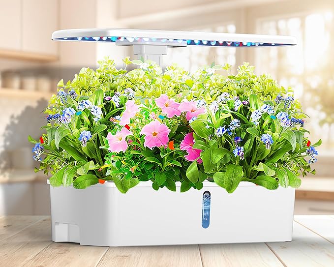 Hydroponics Growing System Kit 12 Pods, Hydroponic Herb Garden Kit Indoor with 24W LED Grow Light, Smart Indoor Garden, Height Adjustable, Auto Timer, Quiet Pump, Gardening Gifts for Mom Women, White