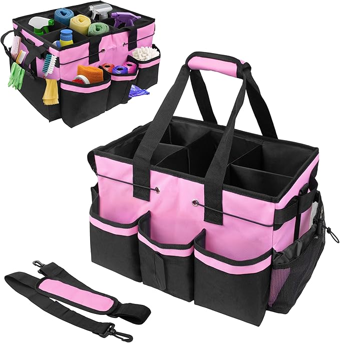 ZKOO Large Cleaning Caddy Bag with Handle, Built-in Sturdy Support Board, Adjustable Shoulder Strap, Multi-compartment Design Cleaning Supply Tote for Cleaners & Housekeepers (Pink)