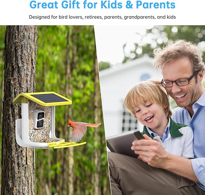 SMONET Bird Feeder with Camera B300-YE: Smart Birdhouse Camera AI Recognition Solar Powered,Outdoor Wireless WiFi Bird Feeder Watching Live Video,Funny Birthday Gifts for Mom Mother and Dad Father