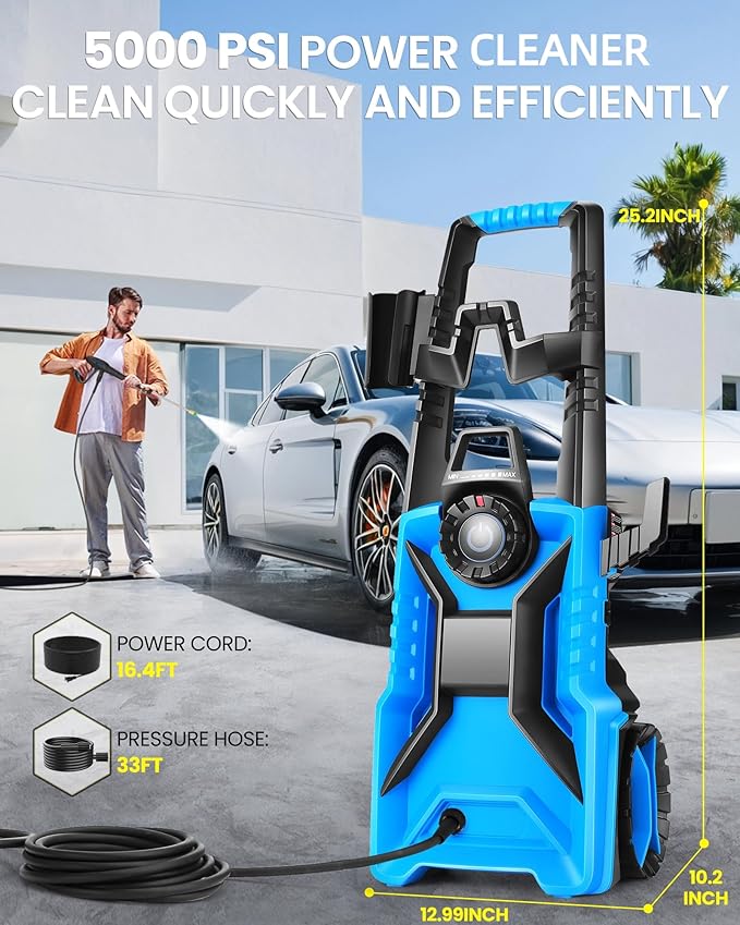Pressure Cleaner 5000 PSI 3.0 GPM Adjustable Pressure, High Power Cleaner with 33ft Pressure Hose, 4 Nozzles and 500ml Foam Cannon for Cars/Fences/Driveways/Patios/Home Cleaning (Blue)