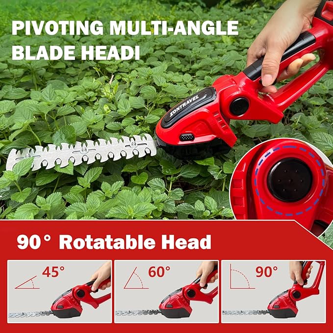 Cordless Hedge Trimmer & Grass Shears - 24V Electric Shrub Trimmer Grass Shears Handheld Grass Cutter, Hedge Shear with 2 PCS Rechargeable Battery, Charger and Toolbox to for Garden, Lawn, Red