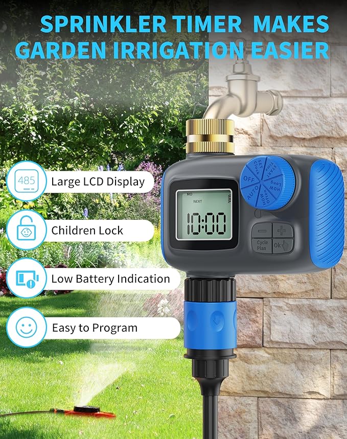 Sprinkler Timer, Programmable Hose Timers for Watering with Brass Swivel, Digital Irrigation Controller System with Rain Delay/Manual Mode/Automatic Watering for Outdoor Garden Yard Lawn