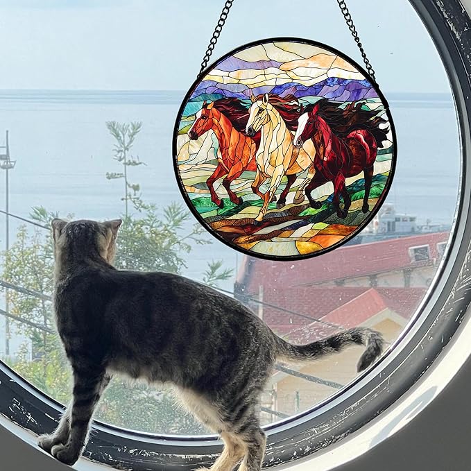 Stained Glass Window Hanging, Galloping Horses Sun Catcher for Door Home Decor Colorful Suncatcher Christmas Mother's Day Birthday Gifts for Women Men Mom and Nana 6.3 in