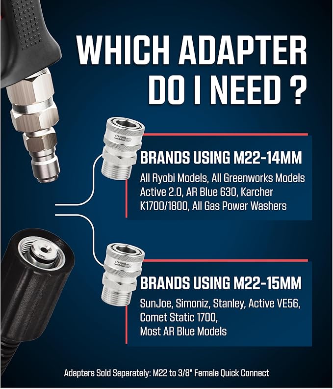McKillans® M22-15mm Pressure Washer Quick Connect Kit, M22-15mm to 3/8" Male Female Quick Disconnect Kit for Power Washer (Stainless Steel)