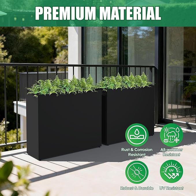 Large Metal Planter Box for Outdoor 38"Lx13"Wx30"H, Tall Rectangular Planters for Outdoor Patio/Porch/Cafe, All-Weather Durable Galvanized Steel, Modern Design for Plants, Flower,Garden, Black