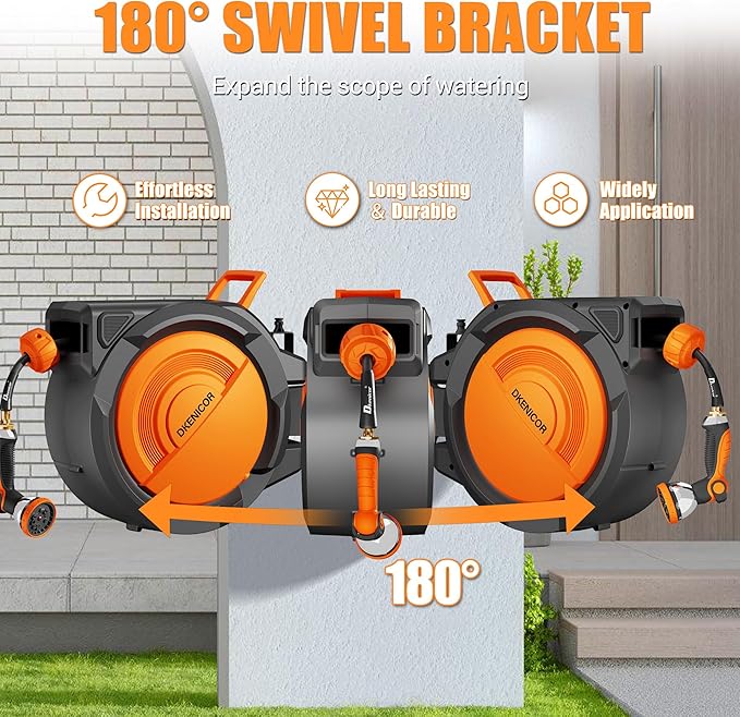 5/8" x 75 ft Retractable Hose Reel, Heavy Duty Retractable Garden Hose Reel Wall Mounted with 10-Pattern Hose Nozzle/Any Length Lock/Slow Return System/180°Swivel Bracket,Orange