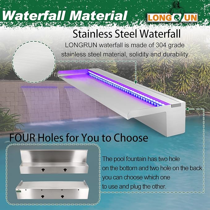 LONGRUN Pool Fountain Stainless Steel Outdoor Pond Spillway Waterfall with Wider Water Flow Platform Multi-Color LED Light Spray Indoor Waterfall Fountains for Garden-35.4" x 8" x 3.94"(W x D x H)