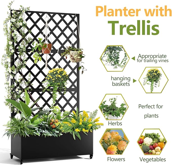Metal Planter Box with Diamond Lattice Trellis - 72"x35" Galvanized Raised Garden Bed on Wheels for Climbing Plants and Vines, Black Finish