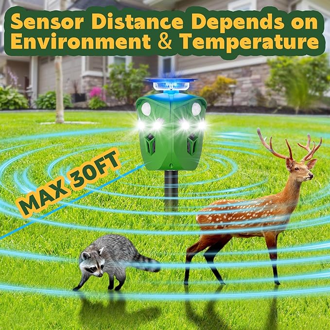 Ultrasonic Solar Powered Deer Repellent Device with PIR Motion Sensor 360° Animal Repellent Equipped with Dual Charging Methods Outdoor Protection for Gardens, Yards, and Farms