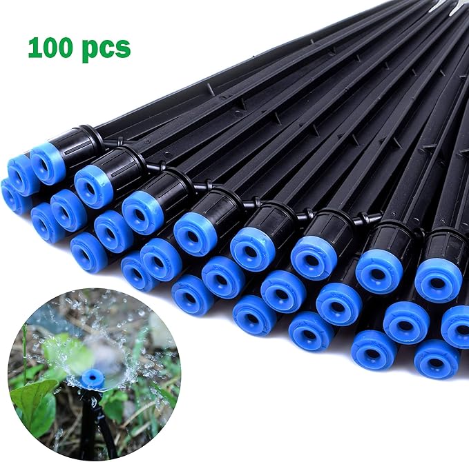 MIXC 100PCS Drip Emitters Fan Shape with Stake Water Flow Adjustable for 1/4 inch Irrigation Tube Hose, 360 Degree Sprayer Perfect for Irrigation System Watering Kits for Garden Patio Lawn Flower Bed