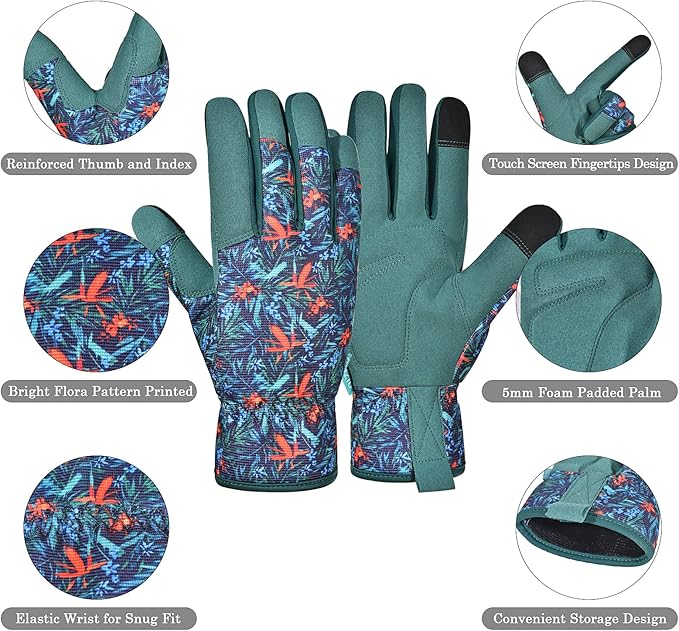 Gardening Gloves for Women and Men, Garden Gloves with Touch Screen, Thorn Proof Puncture Resistant Working Gloves, Gardening Gifts for Women,Blue-red-green flowers M