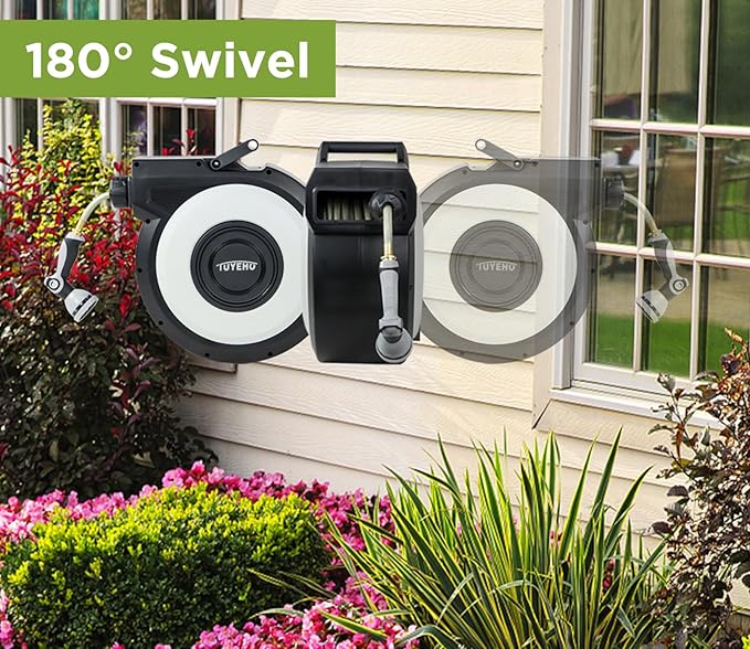 Tuyeho Retractable Garden Hose Reel 5/8" x 90 ft, Wall Mount Water Hose Reels with Automatic Slow Rewind System, Outdoor Hoses Reel with 2 Hose Nozzles for Garden Watering, Car Wash, Pet Shower